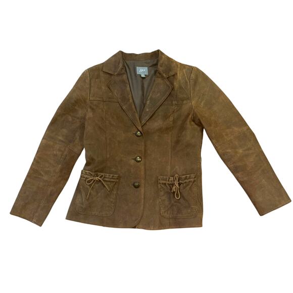 J. Jill Chocolate Brown 100% Leather Blazer Jacket Women’s XS Western Preppy - Picture 3 of 13